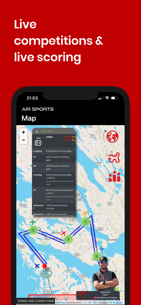 Air Sports Live Tracking - Una captura de pantalla de una aplicación móvil que muestra un mapa de vuelo en vivo con rutas de competición y datos de puntuación para aviación general.