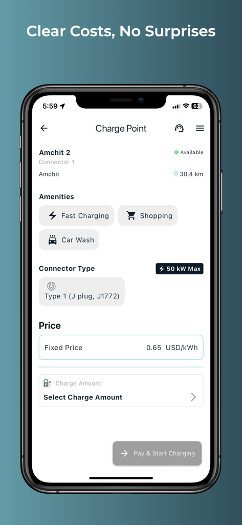 EVzone - Charge Everywhere - EVzone mobile app screen showing charging station availability, amenities, and transparent pricing