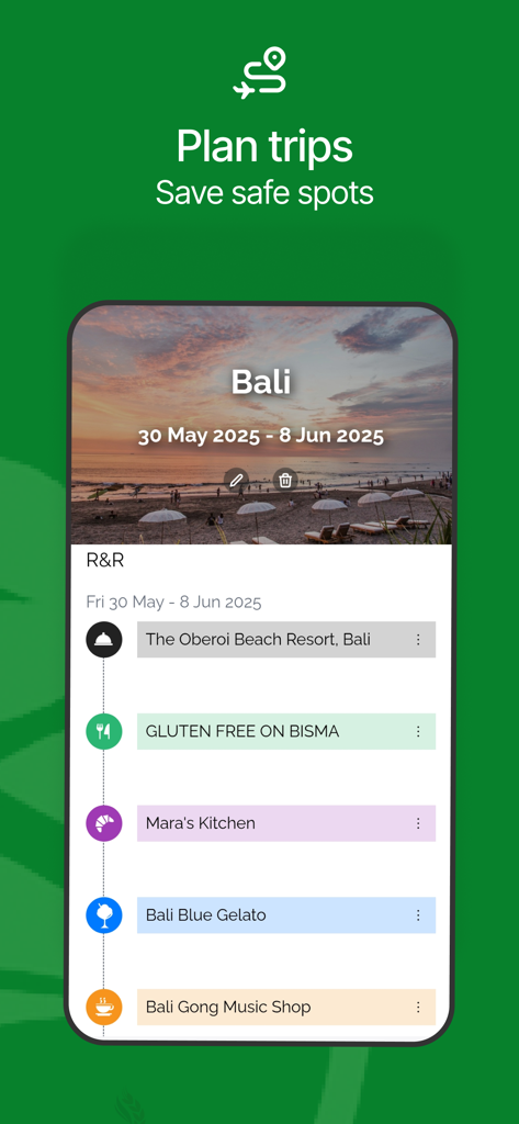 Pantalla de la aplicación Gluten Free Global que muestra un itinerario de viaje planificado para Bali con lugares de restaurantes seguros para celíacos.