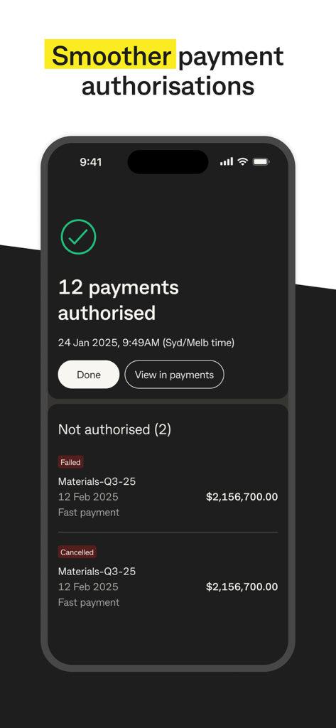 CommBiz mobile interface displaying successful and failed business payment authorisations