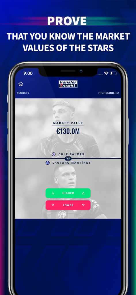 L'app mobile Transfermarkt football quiz mostra un'interfaccia di gioco in cui gli utenti indovinano se il valore di mercato di un giocatore è più alto o più basso di un altro.