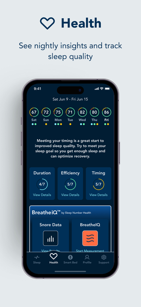 주간 SleepIQ 점수와 통찰력을 보여주는 Sleep Number 앱 건강 탭