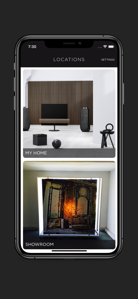 BeoLiving - BeoLiving app locations dashboard showing My Home and Showroom setup