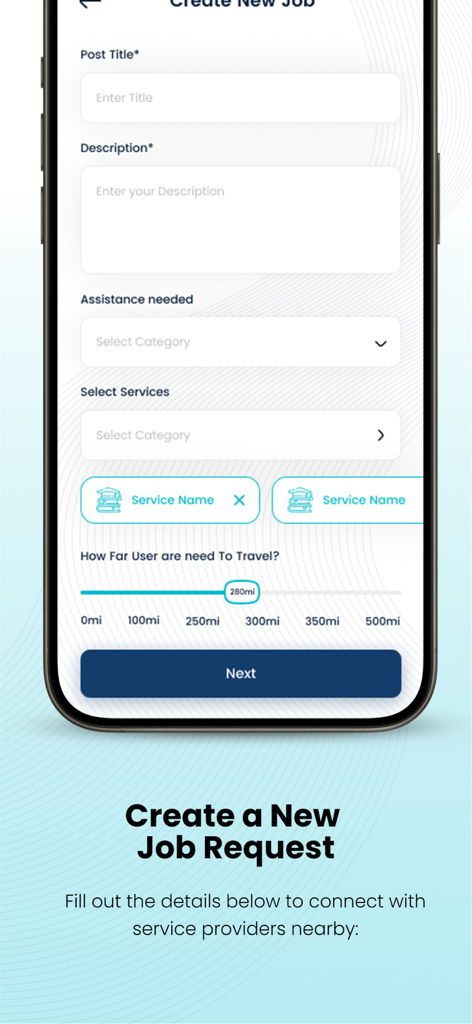 Interfaz móvil de la aplicación House Escort mostrando el formulario para crear una nueva solicitud de trabajo.