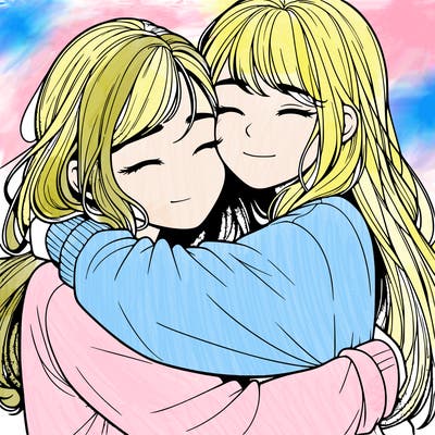 realistic two girls hugging