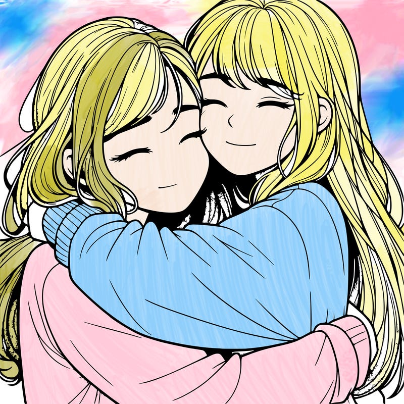 realistic two girls hugging