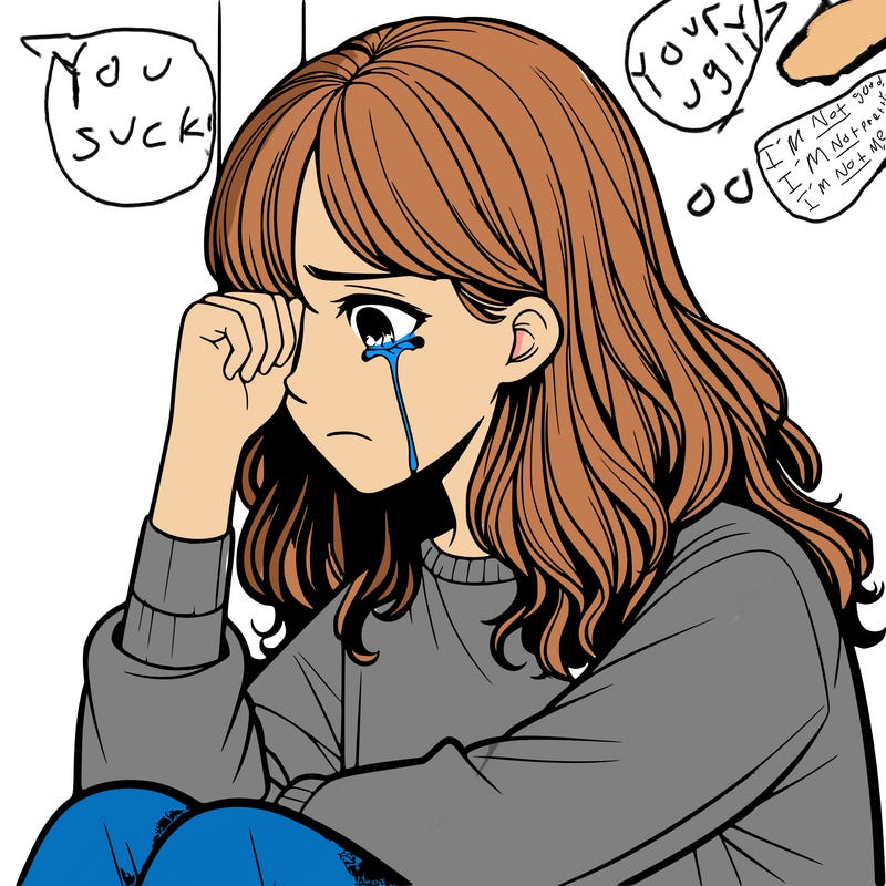 realistic girl crying in a corner