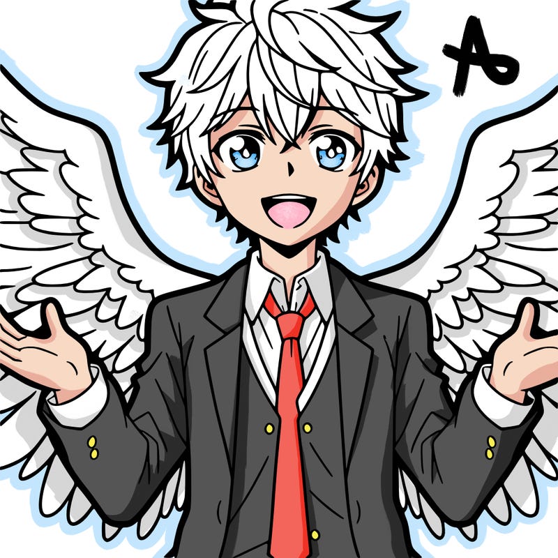 anime angil man with smiling mouth and big wings