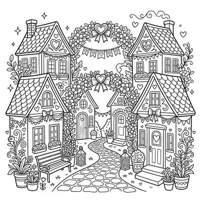 Step into a charming village celebrating eternal love with this intricately detailed wedding cottages coloring page. Designed for adults, this design offers a delightful escape into a world of romance and mindful creativity.