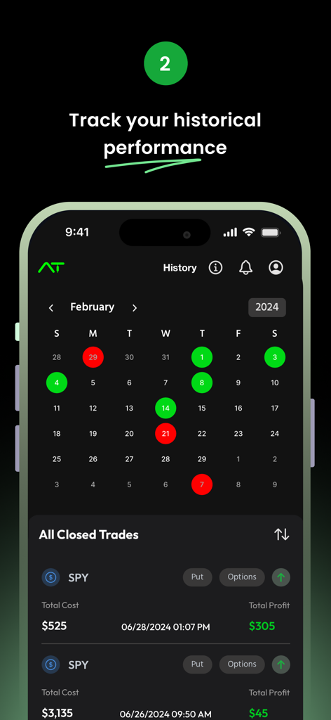 AccuTrader app interface showing a trading performance calendar and a list of closed trades for tracking historical data.