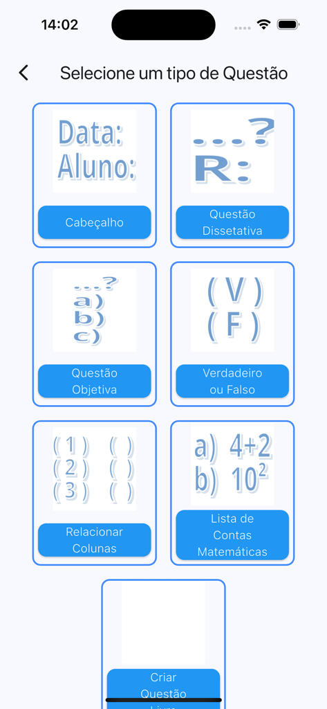 Criar Atividades Escolares Pro - Menu screen displaying various school worksheet templates such as objective questions and math problems