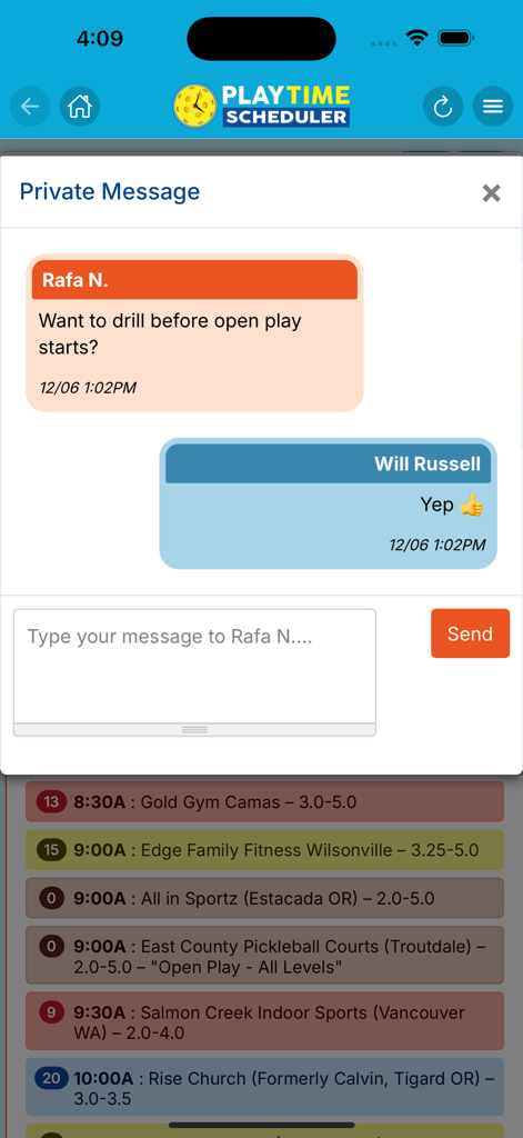 Private message screen in PlayTime Scheduler app showing players coordinating a pickleball session