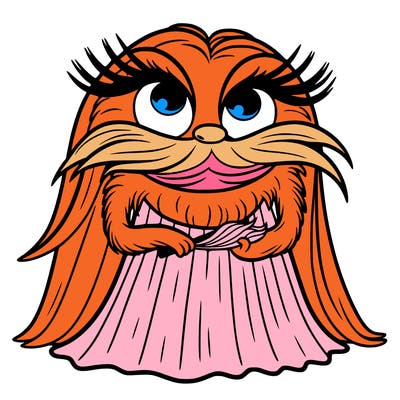 the lorax with long lashes and big lips warming a dress
