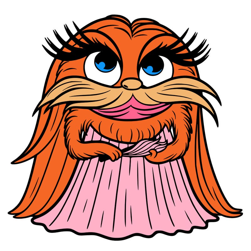 the lorax with long lashes and big lips warming a dress