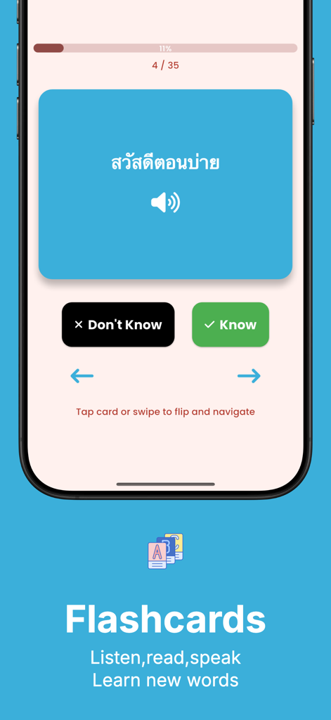 Thai language learning app interface showing interactive flashcards with audio for vocabulary practice.