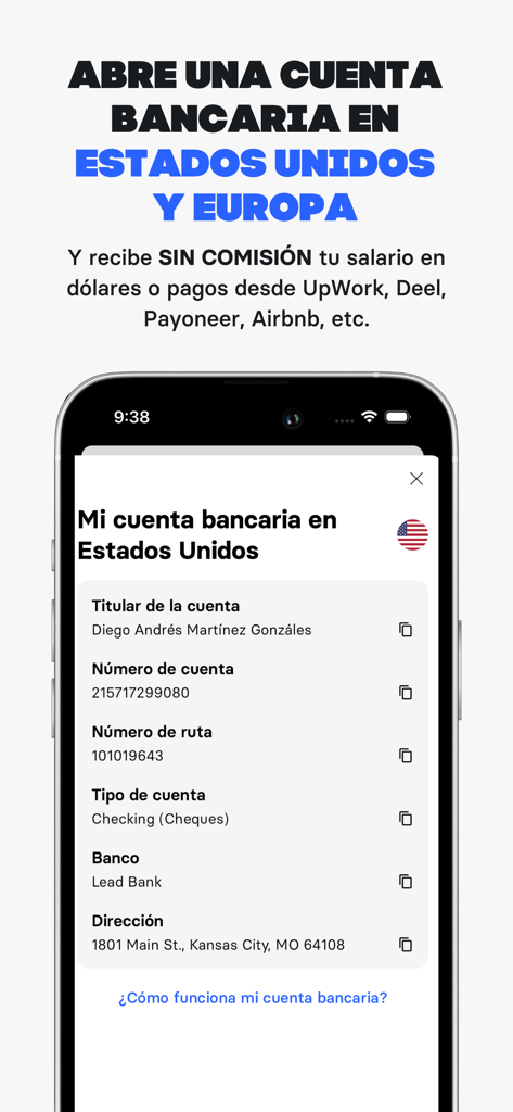 Meru | Cuenta en dólares - Meru app interface showing details for a US dollar bank account including account holder and routing number