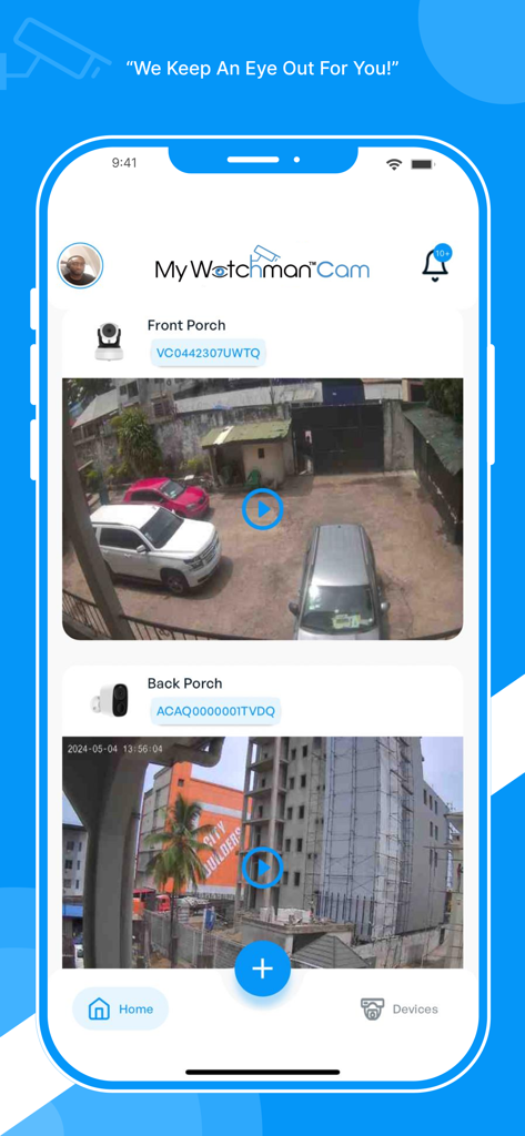 My Watchman™ Cam - My Watchman Camモバイルアプリのインターフェース。複数のホームセキュリティカメラのライブフィードを表示しています。