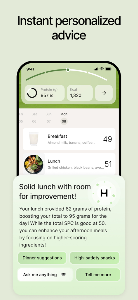Hava – Lose weight, feel full - Captura de pantalla de la aplicación Hava que muestra consejos nutricionales personalizados y puntuaciones de saciedad de comidas en la pantalla de un iPhone.