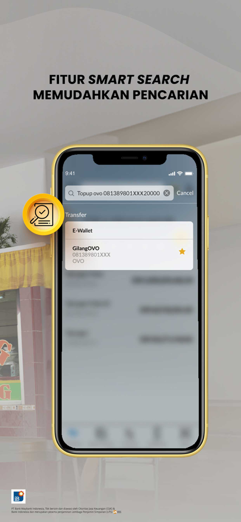 A screenshot of the Maybank2u ID app showing the smart search feature for easy transaction finding
