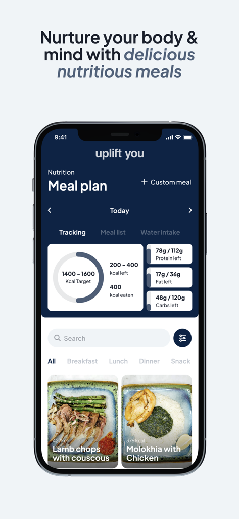 Uplift You - Uplift You mobile app meal planning screen showing calorie and macro tracking with healthy recipes
