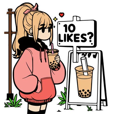 girl with oversized hoodie drinking boba and she has a high ponytail with a sign that says 10likes?