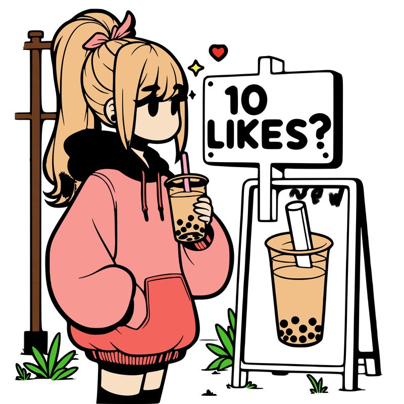 girl with oversized hoodie drinking boba and she has a high ponytail with a sign that says 10likes?