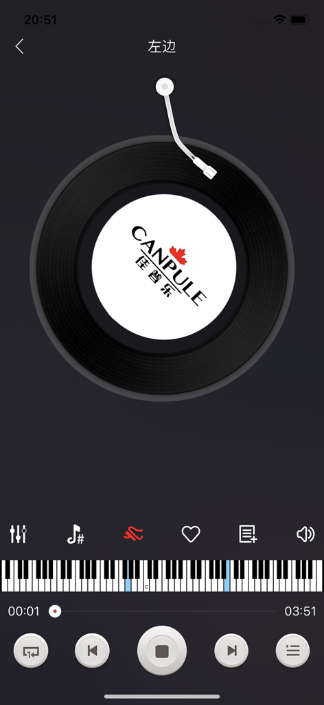 CANPULE钢琴 - Canpule Piano app playback interface with vinyl record and virtual keyboard
