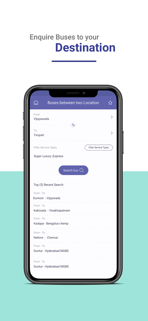 APSRTC LIVE TRACK - Interface of the APSRTC LIVE TRACK app showing bus search between Vijayawada and Tirupati with service filters.