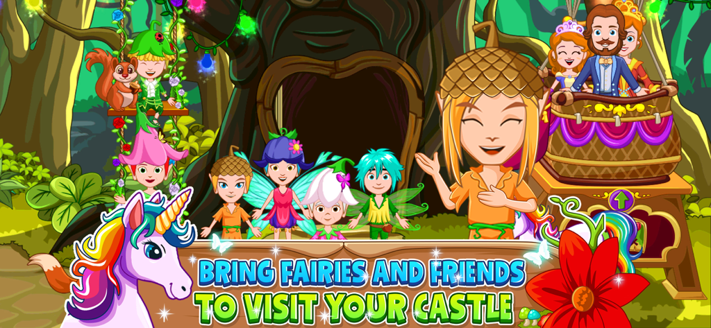 My Little Princess Fairy Game - マイリトルプリンセスフェアリーゲームの魔法の森のシーンにいるカラフルな妖精とユニコーン