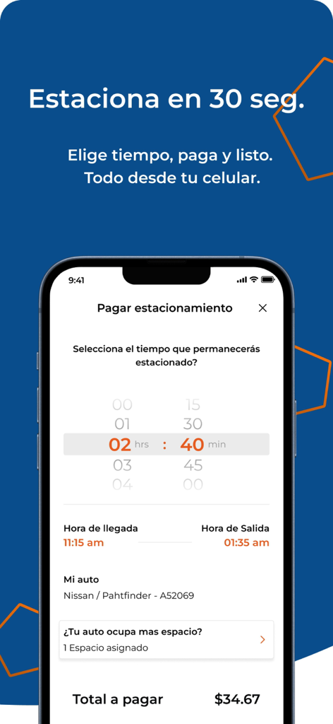 Yo! Estacionandome - Mobile app interface showing a parking payment screen with time selection and total cost