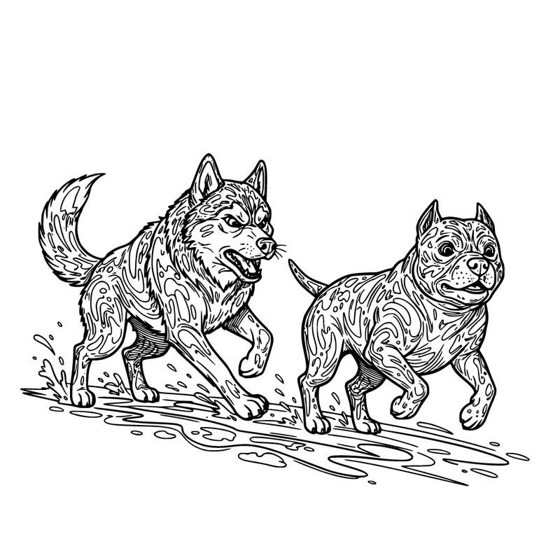 angry siberian chasing a pitbull with painting all over them