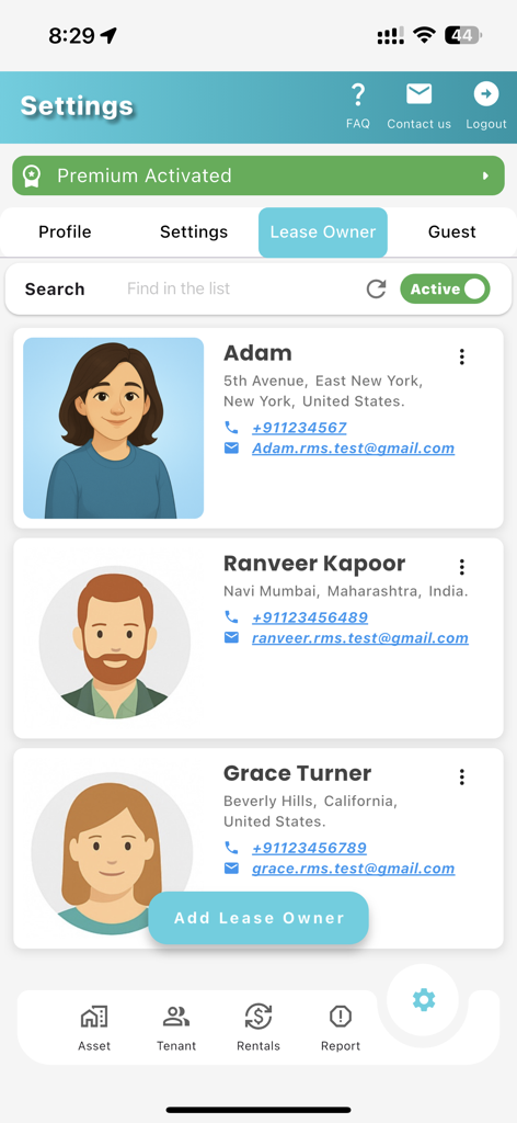 Uma lista de proprietários de contratos mostrando informações de contato e fotos de perfil dentro do aplicativo Sistema de Gestão de Aluguel