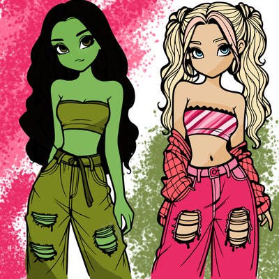 2 girls in crop tops and baggy jeans ripped