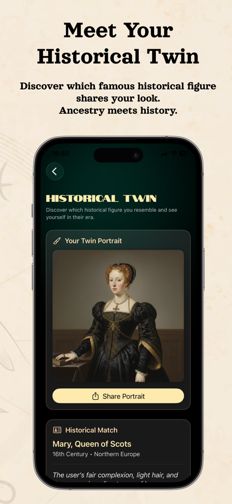 Ancestor Lens: Ancestry & DNA - Una pantalla móvil de la aplicación Ancestor Lens que muestra la función "Historical Twin" (Gemelo Histórico) con una coincidencia con María Estuardo.