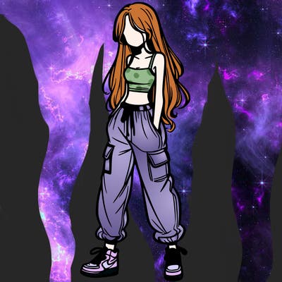 girl in baggy pants crop top and long hair