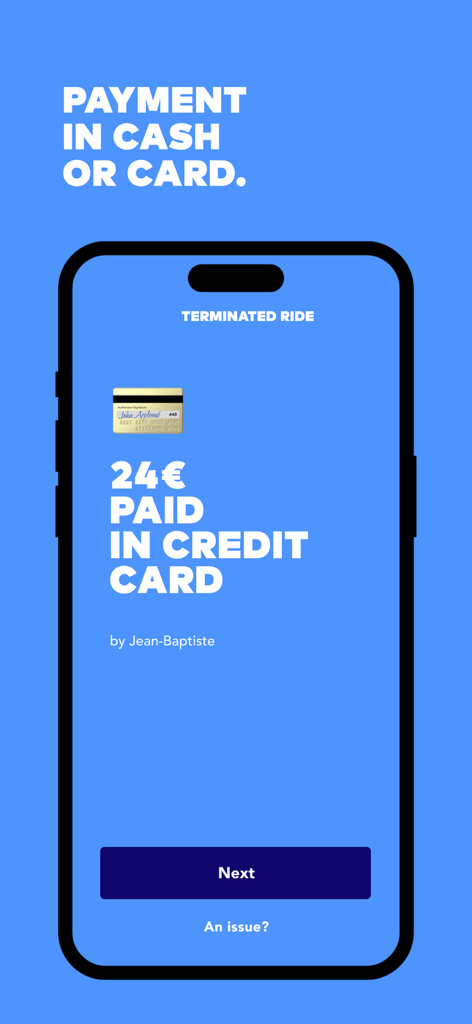 Heetch Pro - app for drivers - Heetch Pro driver app screen showing a twenty-four euro payment confirmation via credit card for a completed ride