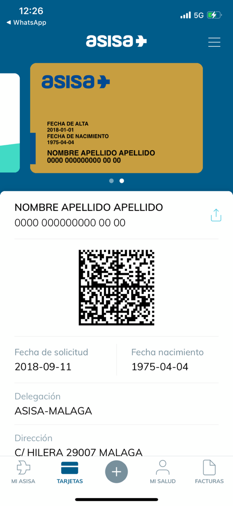 Pantalla de la tarjeta de seguro médico digital en la aplicación móvil ASISA con código QR