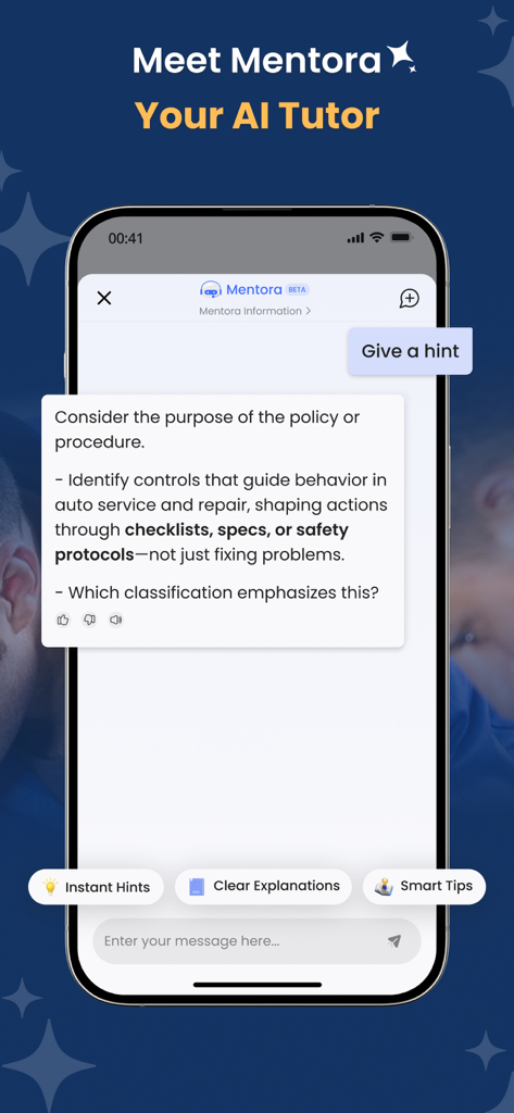 Screenshot of the Mentora AI tutor feature in the ASE A-Series Test Prep app offering study hints and explanations.