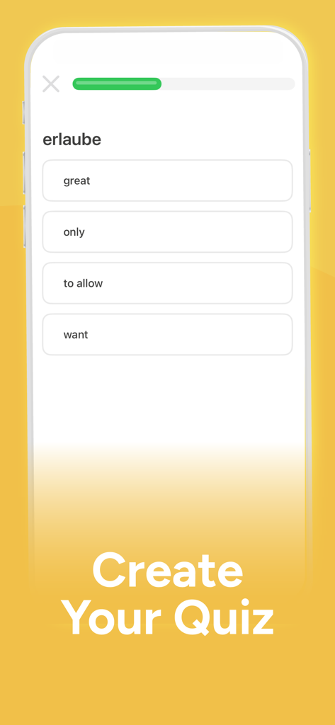 Vocabulary Builder Learn words - Interfaz de la aplicación Constructor de Vocabulario que muestra un cuestionario de opción múltiple para aprender palabras de idiomas extranjeros.