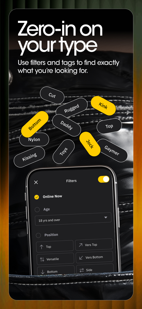 Grindr mobile app interface showing community tags and detailed search filters like age and position