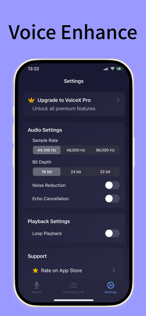 VoiceX - AI voice changer - VoiceXアプリのオーディオ設定画面。サンプルレート、ビット深度、ノイズリダクション、エコーキャンセレーションのオプションを備えています。