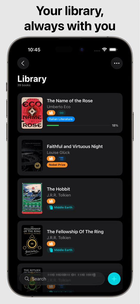 Book Tracker: Bookshelf log - A digital book collection on the Book Tracker app showing titles like The Hobbit and The Name of the Rose with progress bars and categories.