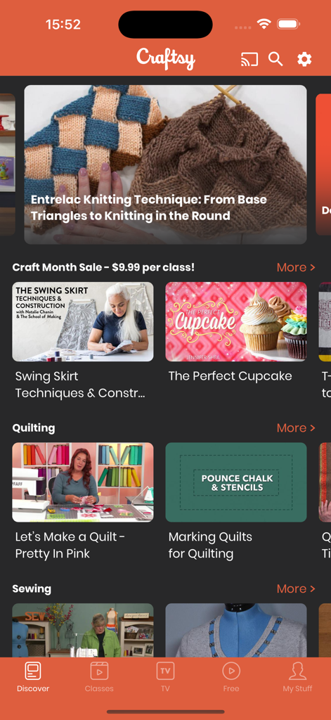 Craftsy mobile app discover screen showing online classes for knitting quilting and sewing