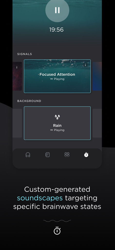 Expand: Beyond Meditation - Expand app interface showing custom soundscapes and brainwave targeting signals