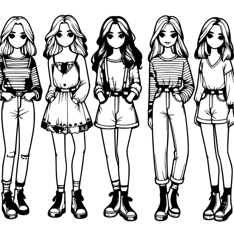 six realistic girls in casual clothes