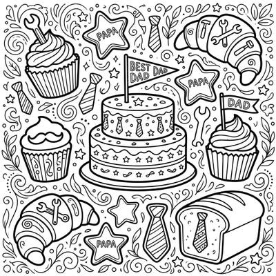 Delight Dad this Father's Day with a charming coloring page featuring an array of festive pastries and baked goods. Each sweet treat is adorned with special Father's Day elements, making it a perfect activity to show your love.