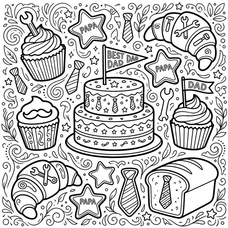 Delight Dad this Father's Day with a charming coloring page featuring an array of festive pastries and baked goods. Each sweet treat is adorned with special Father's Day elements, making it a perfect activity to show your love.