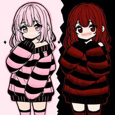 anime girl in a striped oversized sweater