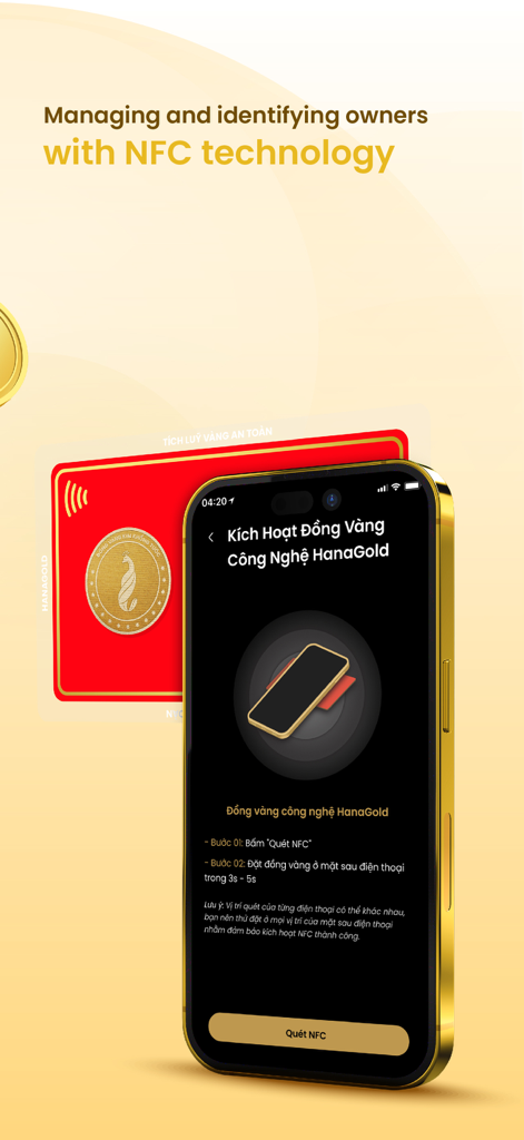 HanaGold - Buy Gold Online 24H - Interface de l'application HanaGold sur un smartphone montrant la technologie NFC pour identifier et gérer la propriété des pièces d'or
