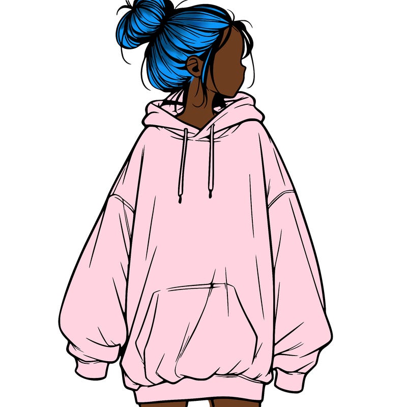 realistic girl with a oversized sweatshirt on and a bun